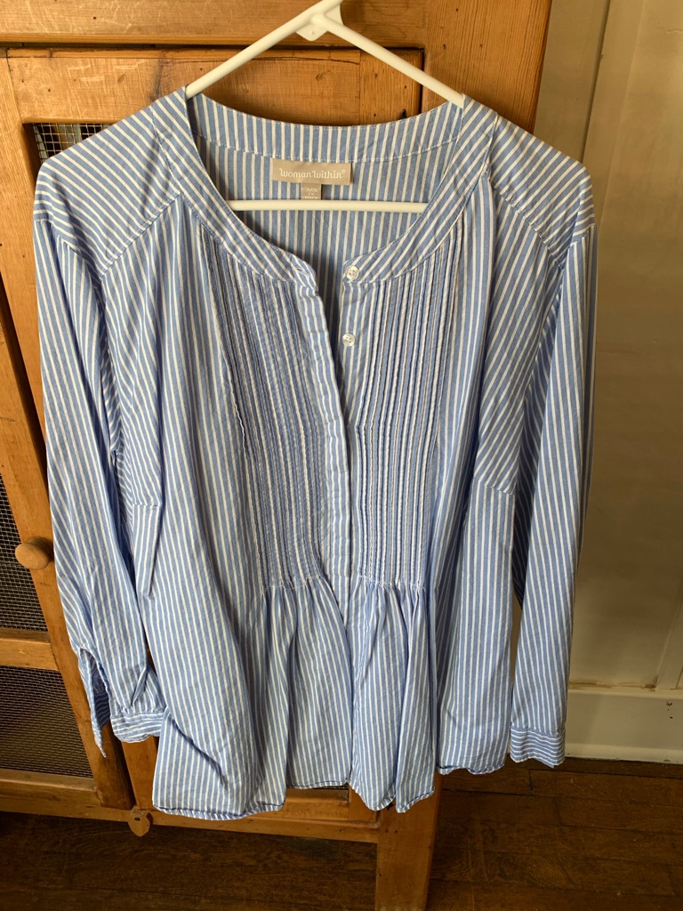 Woman Within Blue And White Striped Peasant Blouse